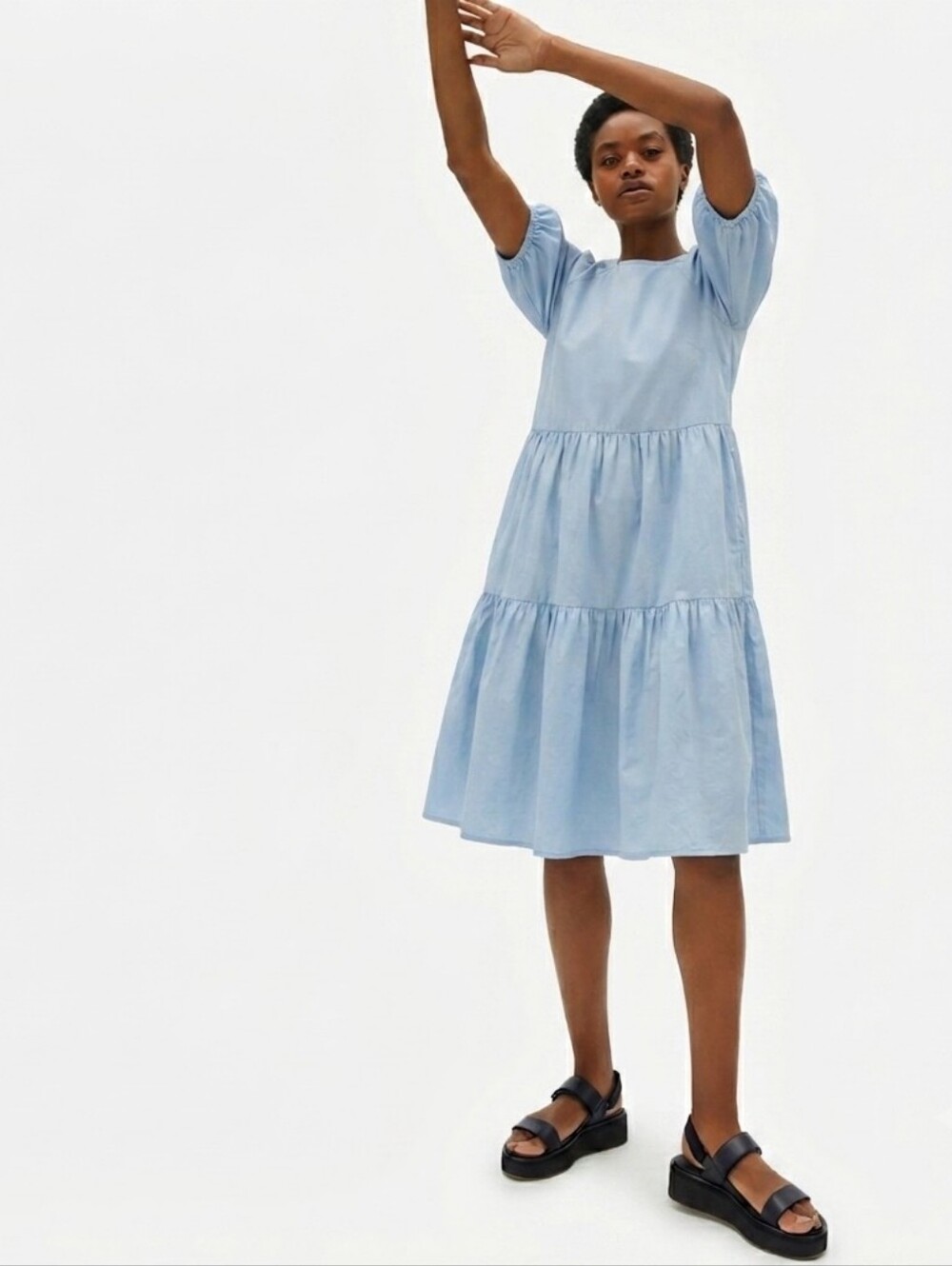 Everlane Pale Blue Tiered Midi Dress with Puff Sleeves